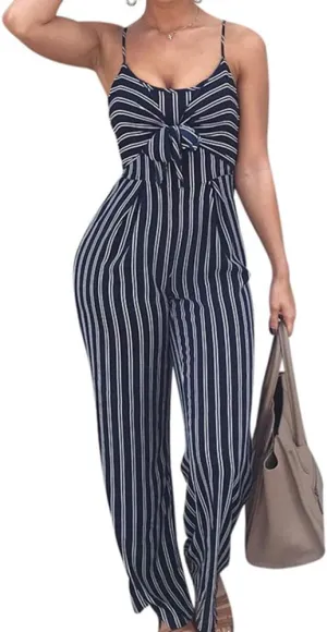SheKiss 2025 Womens Striped Summer Jumpsuits Spaghetti Strap Sexy Sleeveless Rompers with Pockets