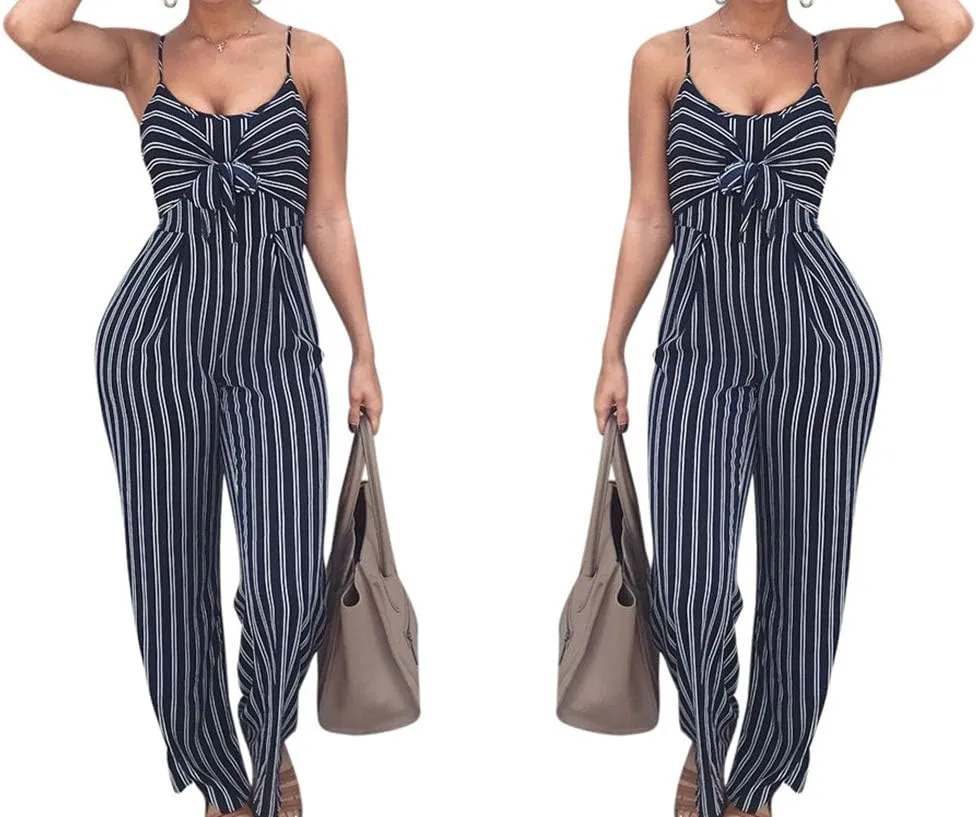 SheKiss 2025 Womens Striped Summer Jumpsuits Spaghetti Strap Sexy Sleeveless Rompers with Pockets
