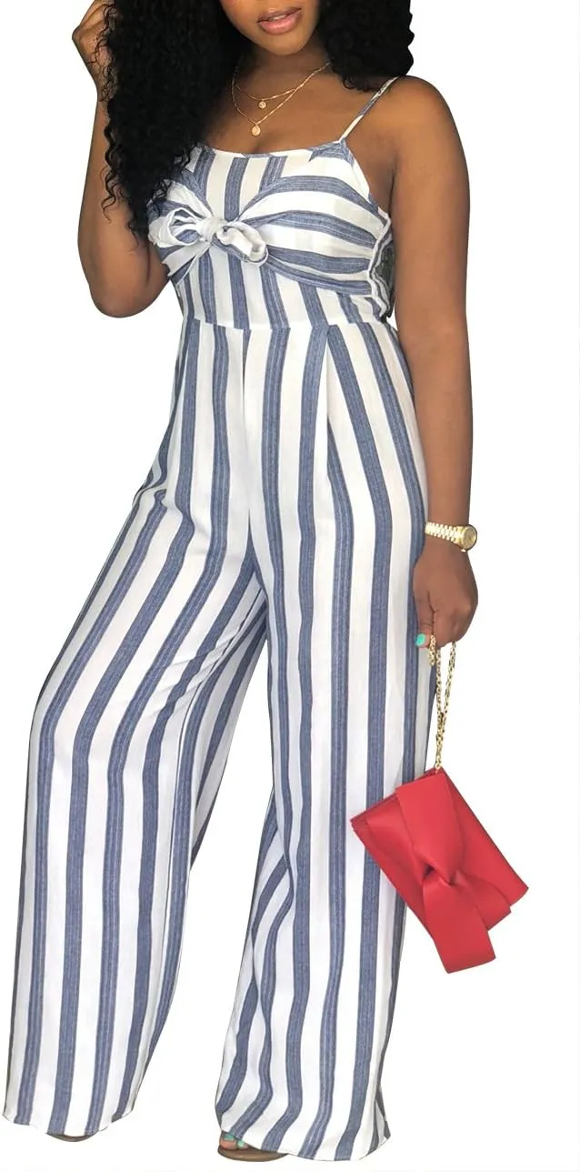 SheKiss 2025 Womens Striped Summer Jumpsuits Spaghetti Strap Sexy Sleeveless Rompers with Pockets