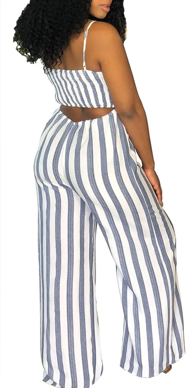 SheKiss 2025 Womens Striped Summer Jumpsuits Spaghetti Strap Sexy Sleeveless Rompers with Pockets