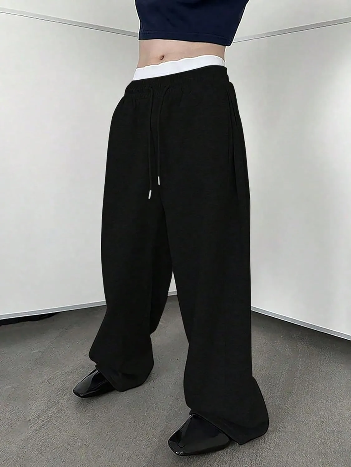 SHENHE Men's Baggy Pants Wide Leg Drawstring Waist Loose Sweatpants with Pockets