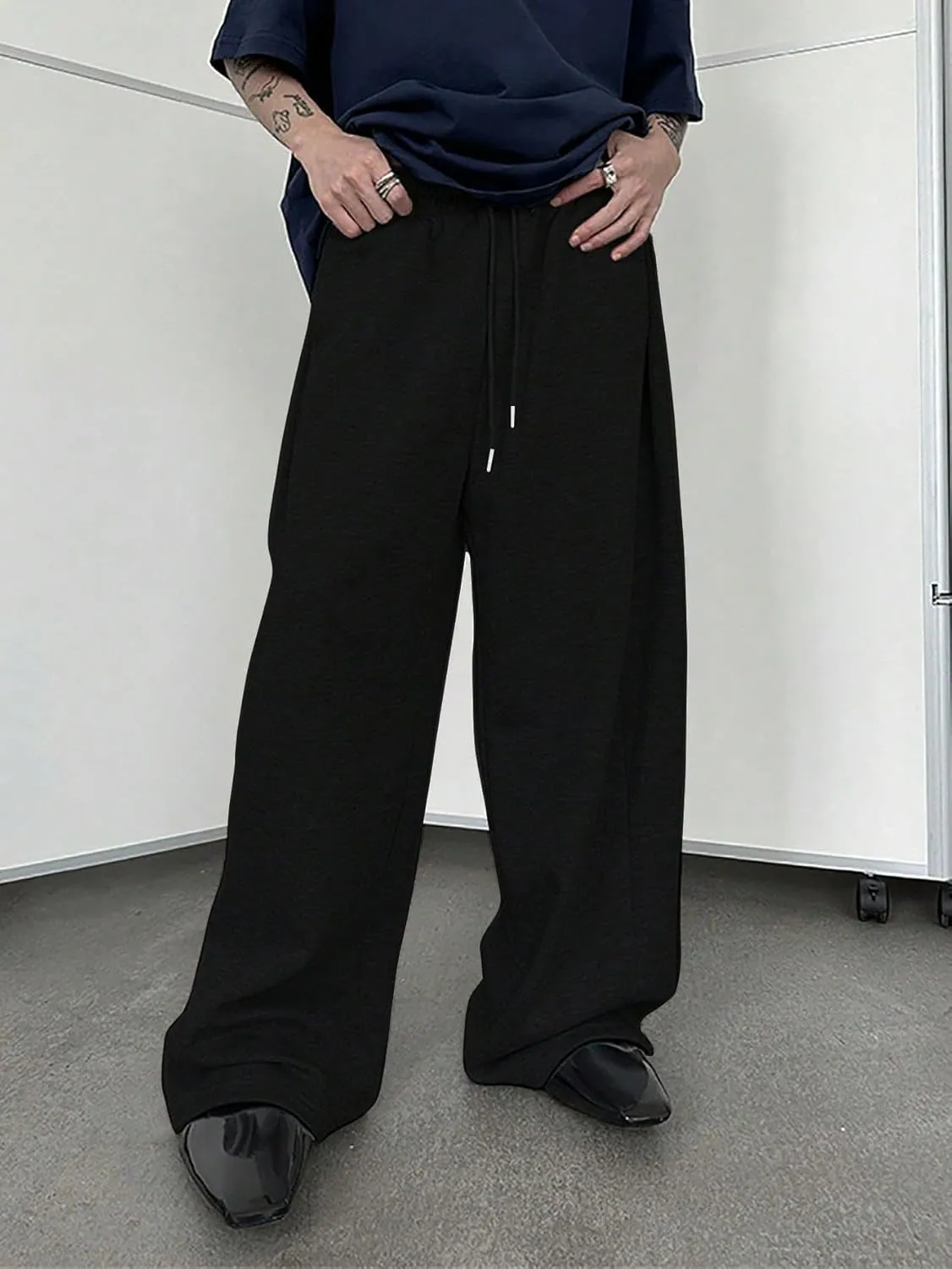 SHENHE Men's Baggy Pants Wide Leg Drawstring Waist Loose Sweatpants with Pockets