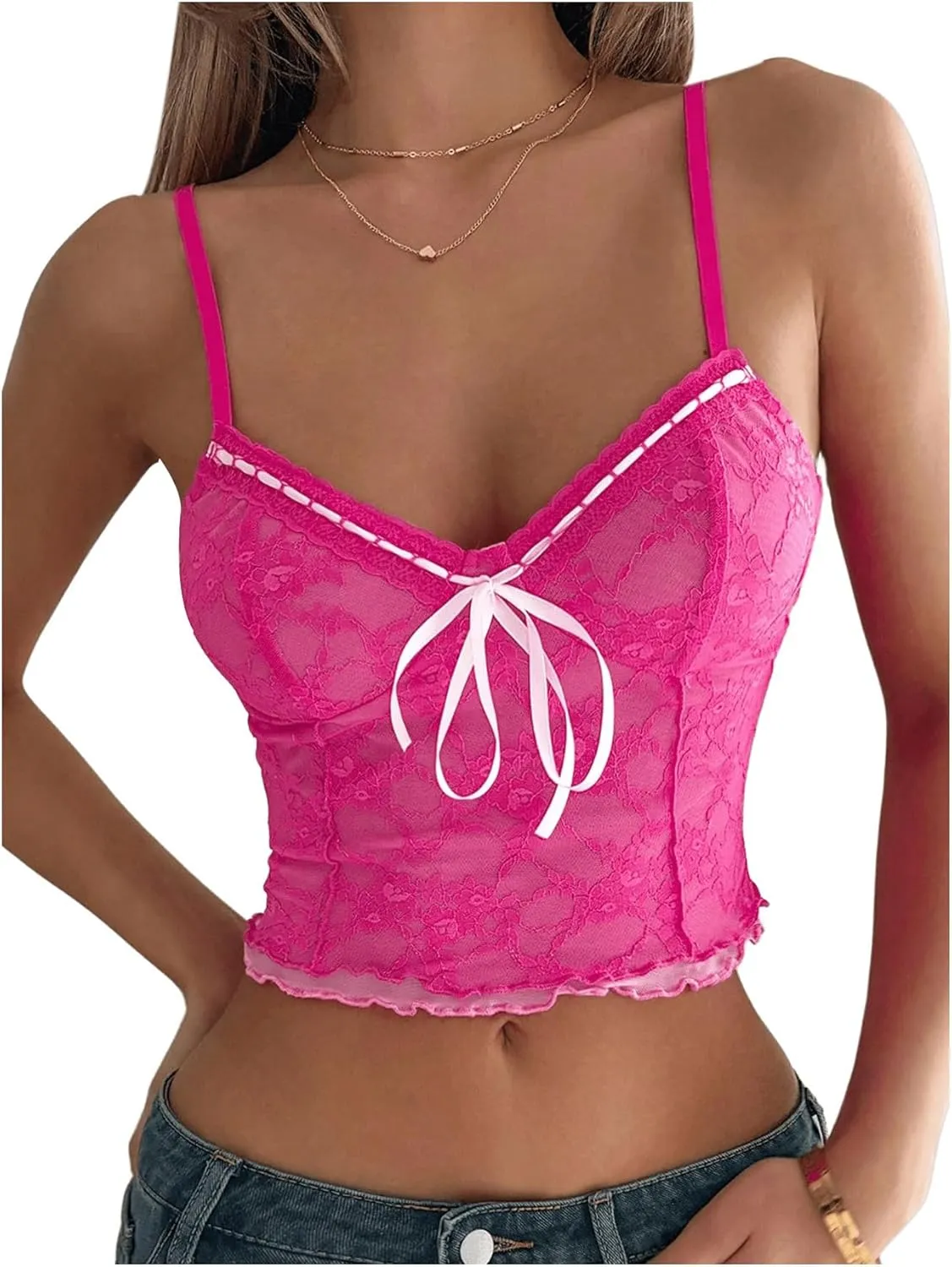 SHENHE Women's Lace Floral V Neck Camisole Y2k Spaghetti Strap Sleeveless Slim Fit Crop Cami Top