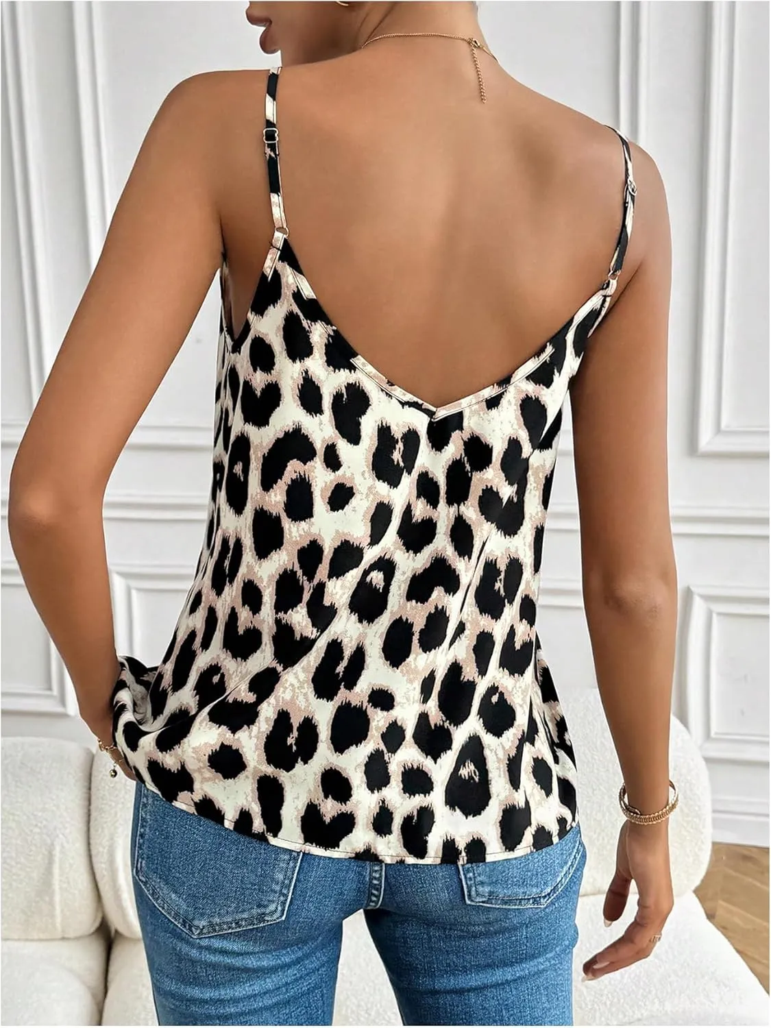 SHENHE Women's Leopard Print Contrast Lace Cami Top V Neck Sleeveless Camisole Spaghetti Strap Tops