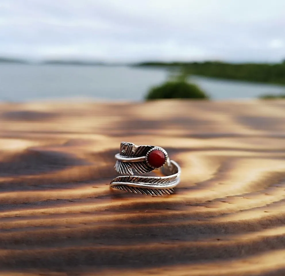 Silver ring- Red Feather Circle