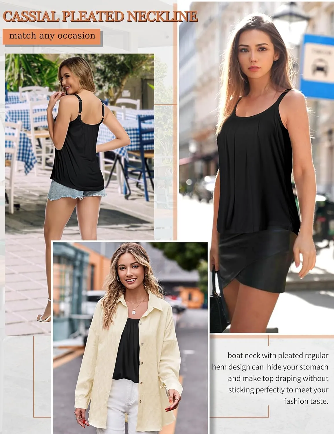 SLIMBELLE Camisole Tops for Women Built in Bra Shirts Adjustable Straps Pleat Scoop Neck Casual Tank Summer Top S-3XL