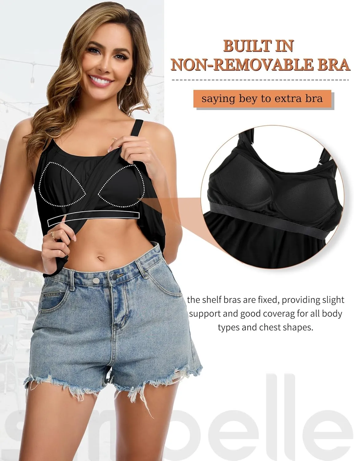SLIMBELLE Camisole Tops for Women Built in Bra Shirts Adjustable Straps Pleat Scoop Neck Casual Tank Summer Top S-3XL
