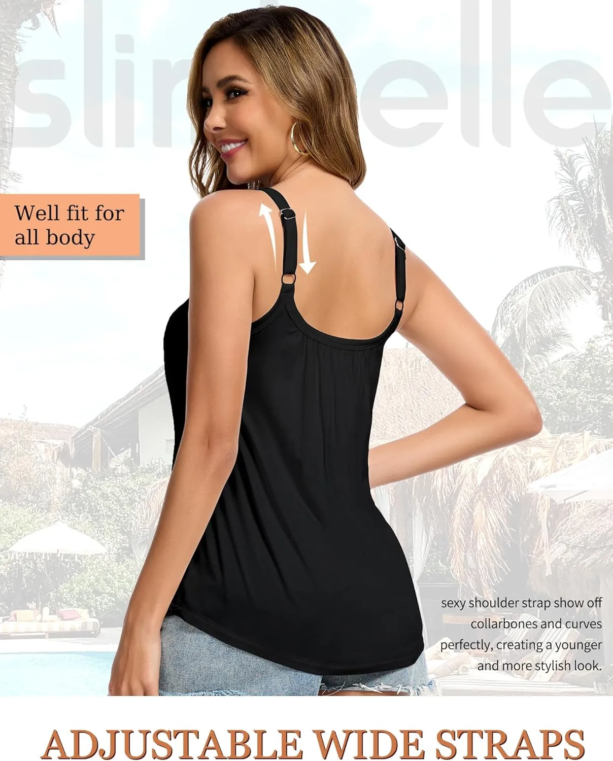 SLIMBELLE Camisole Tops for Women Built in Bra Shirts Adjustable Straps Pleat Scoop Neck Casual Tank Summer Top S-3XL