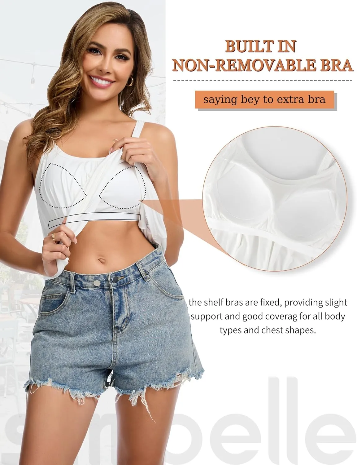 SLIMBELLE Camisole Tops for Women Built in Bra Shirts Adjustable Straps Pleat Scoop Neck Casual Tank Summer Top S-3XL