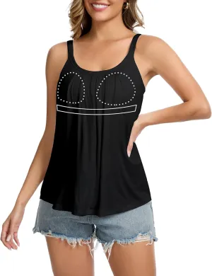 SLIMBELLE Camisole Tops for Women Built in Bra Shirts Adjustable Straps Pleat Scoop Neck Casual Tank Summer Top S-3XL