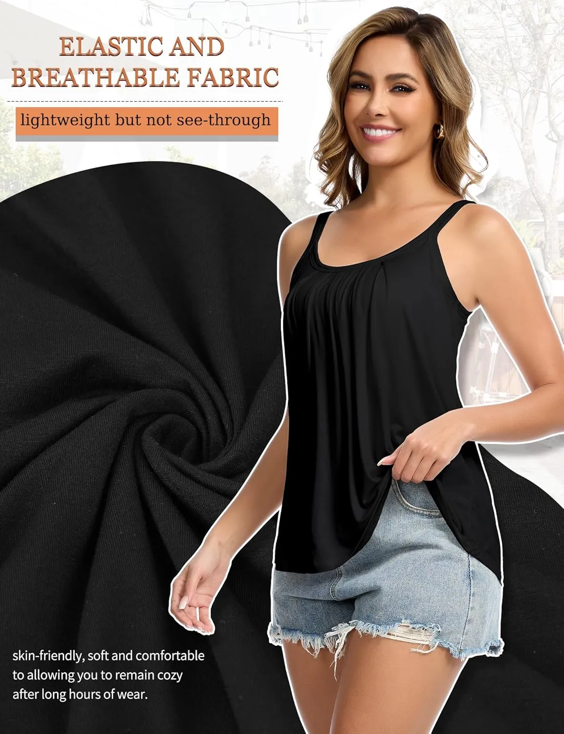 SLIMBELLE Camisole Tops for Women Built in Bra Shirts Adjustable Straps Pleat Scoop Neck Casual Tank Summer Top S-3XL