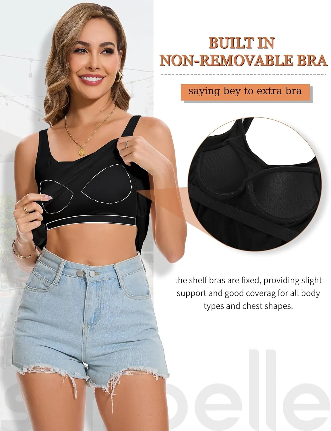 SLIMBELLE Tank Top with Built in Bra for Women Cami Adjustable Straps Pleat Back V Neck Camisole Summer Tops S-3XL