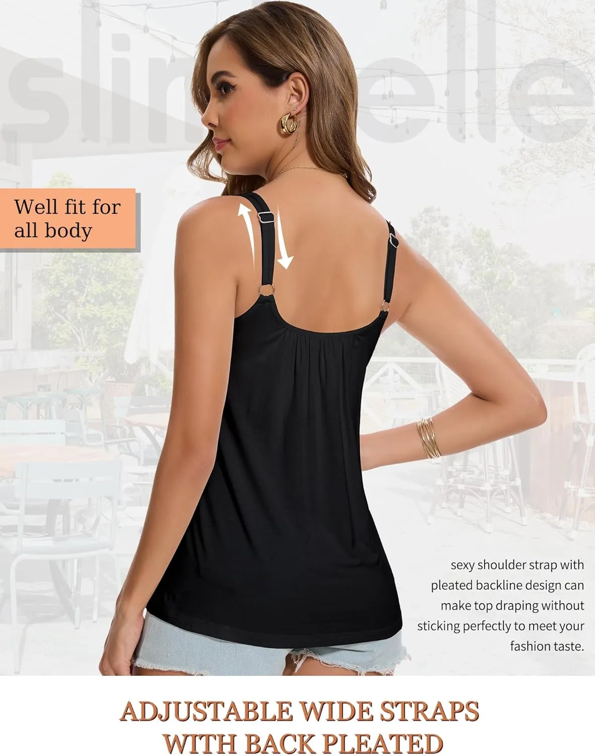 SLIMBELLE Tank Top with Built in Bra for Women Cami Adjustable Straps Pleat Back V Neck Camisole Summer Tops S-3XL