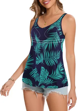 SLIMBELLE Tank Top with Built in Bra for Women Cami Adjustable Straps Pleat Back V Neck Camisole Summer Tops S-3XL