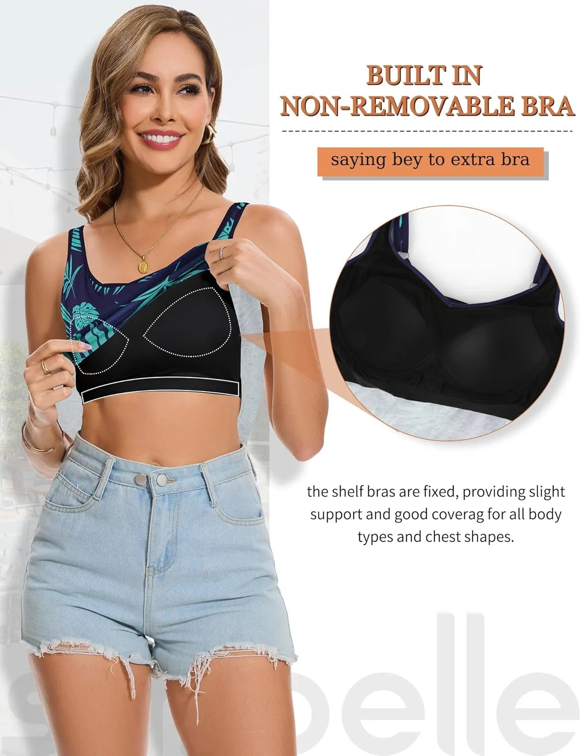 SLIMBELLE Tank Top with Built in Bra for Women Cami Adjustable Straps Pleat Back V Neck Camisole Summer Tops S-3XL