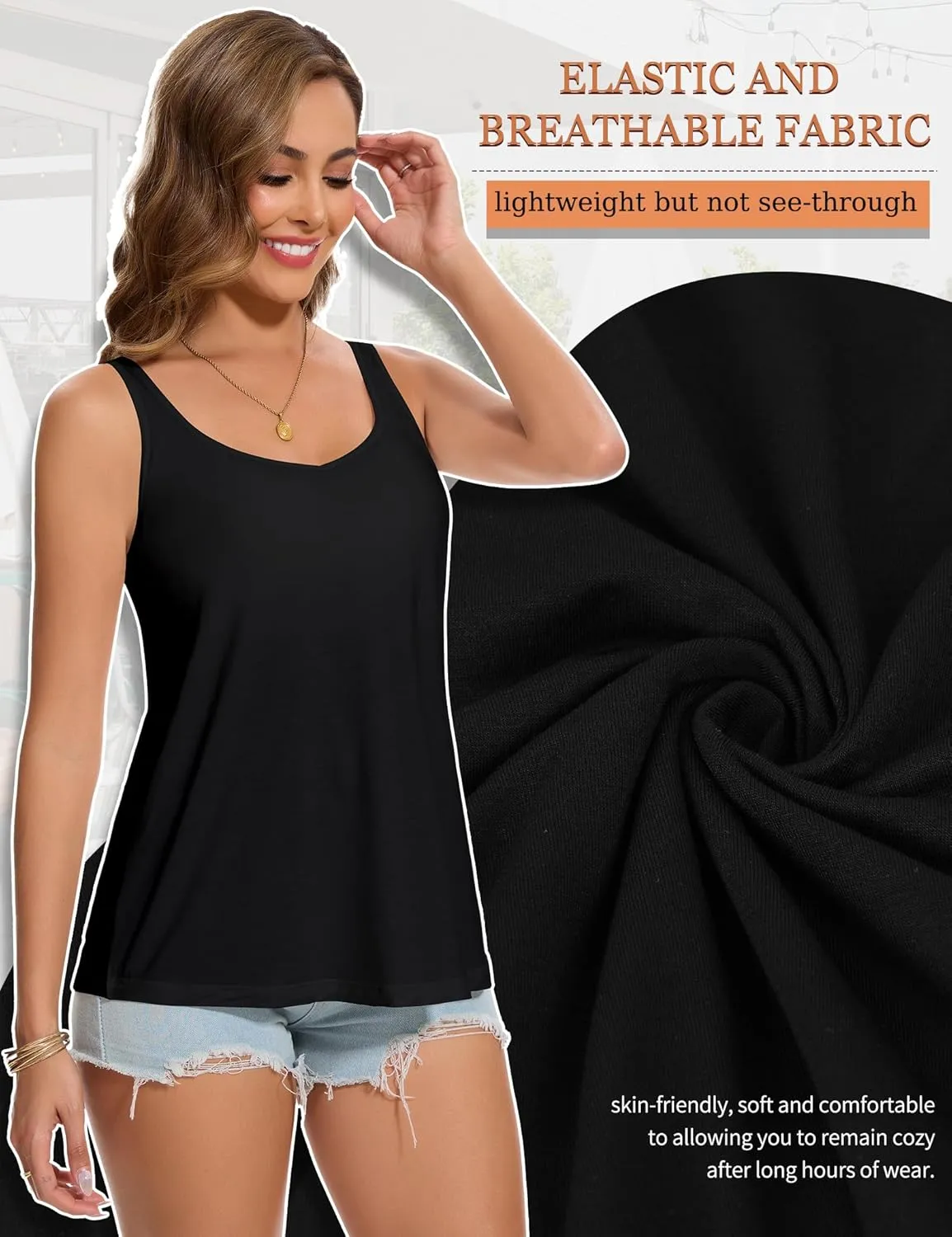 SLIMBELLE Tank Top with Built in Bra for Women Cami Adjustable Straps Pleat Back V Neck Camisole Summer Tops S-3XL