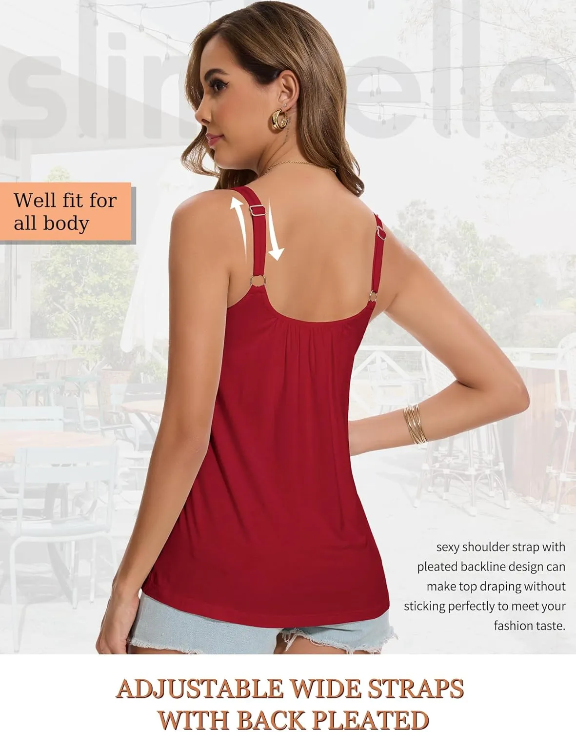 SLIMBELLE Tank Top with Built in Bra for Women Cami Adjustable Straps Pleat Back V Neck Camisole Summer Tops S-3XL