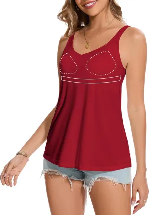 SLIMBELLE Tank Top with Built in Bra for Women Cami Adjustable Straps Pleat Back V Neck Camisole Summer Tops S-3XL