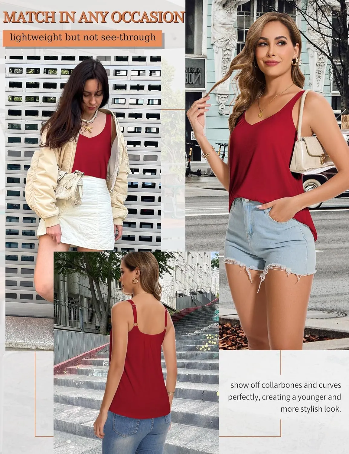 SLIMBELLE Tank Top with Built in Bra for Women Cami Adjustable Straps Pleat Back V Neck Camisole Summer Tops S-3XL