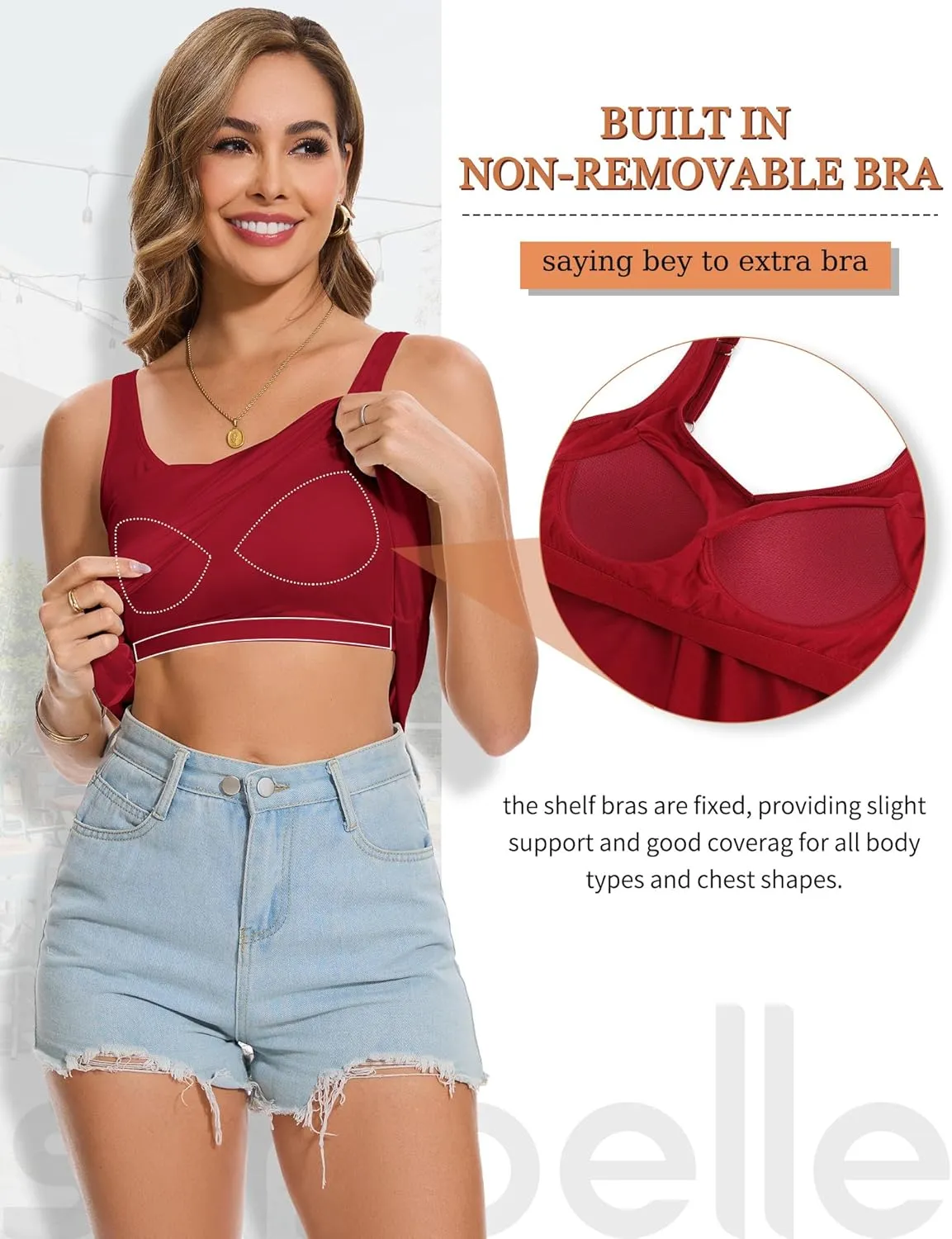 SLIMBELLE Tank Top with Built in Bra for Women Cami Adjustable Straps Pleat Back V Neck Camisole Summer Tops S-3XL