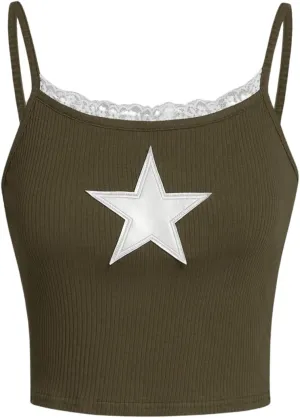 SOLY HUX Girl's Sleeveless Star Print Lace Trim Camisoles Spaghetti Strap Ribbed Crop Tank Tops