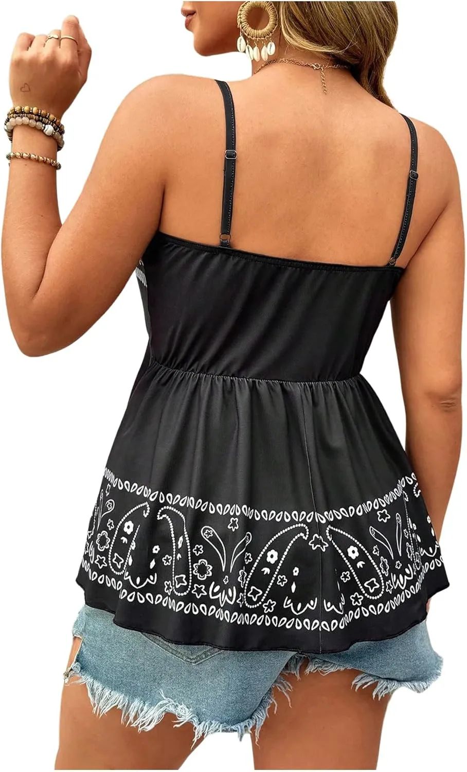 SOLY HUX Women's Plus Size Peplum Cami Tops Boho Paisley V Neck Ruffle Camisoles Asymmetrical Summer Ruched Shirts