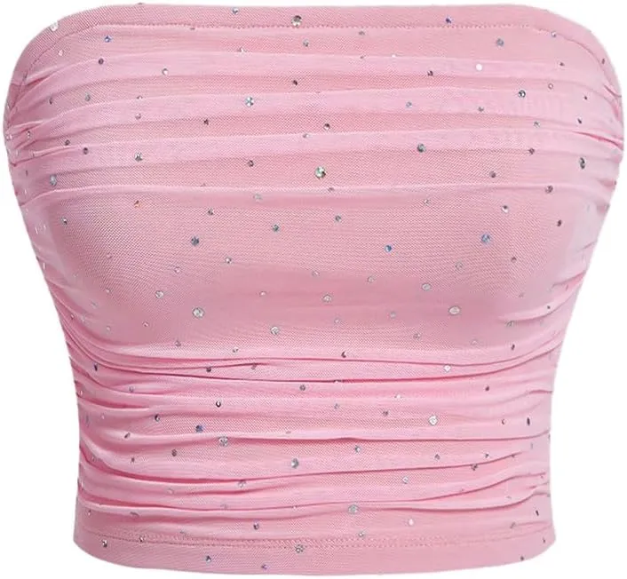 SOLY HUX Women's Sequin Sparkly Tube Tops Glitter Bandeau Crop Tops Strapless Sexy Going Out Camisoles Concert Outfits