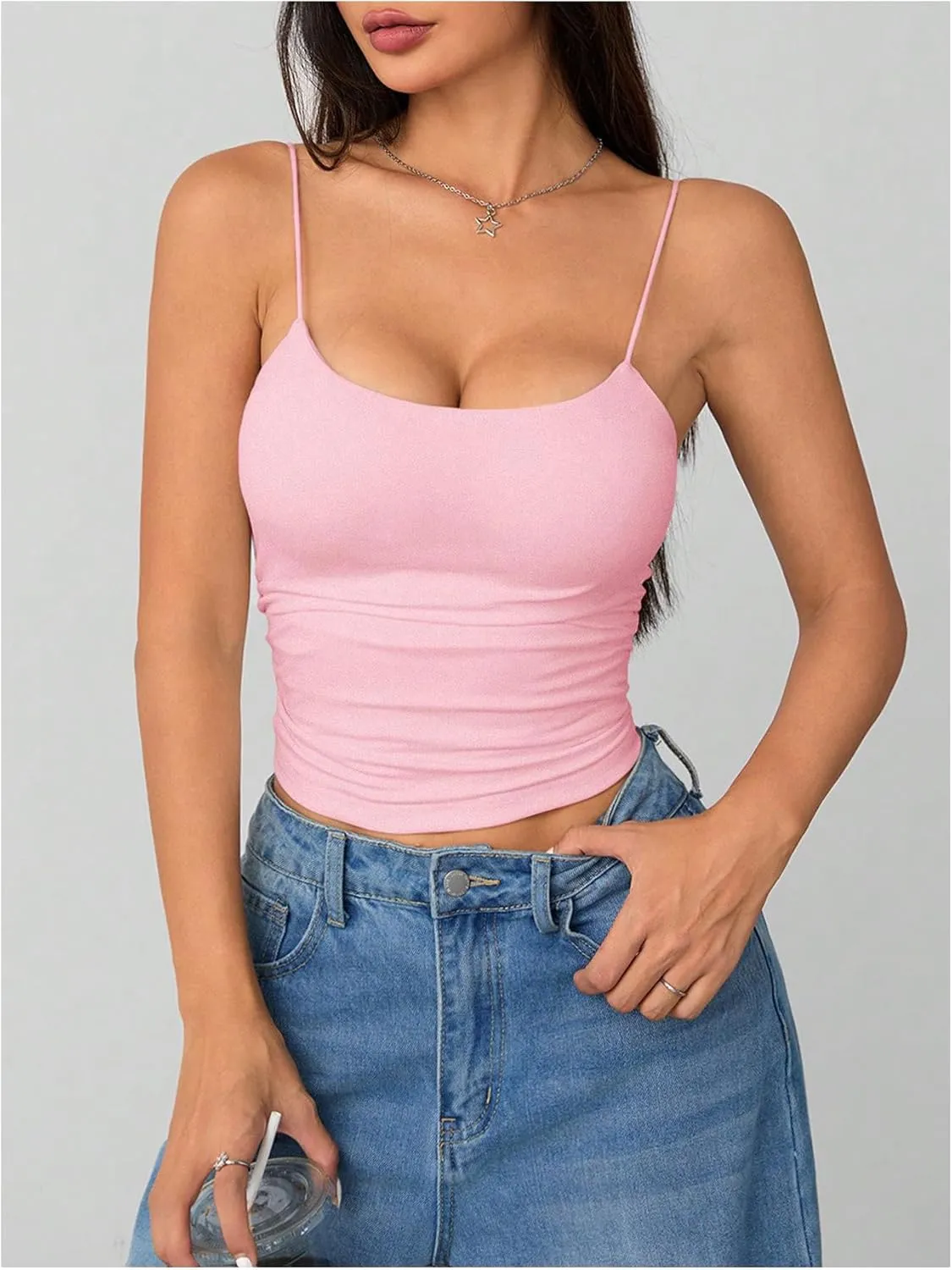 SOLY HUX Women's Spaghetti Strap Cami Tops Ruched Sleeveless Tight Fitted Camisoles Padded Crop Top