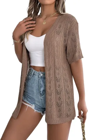 Spicy Sandia Women's Short Sleeve Crochet Cardigan Sweater for Summer Lightweight