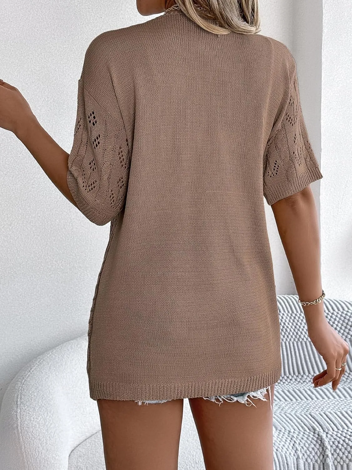 Spicy Sandia Women's Short Sleeve Crochet Cardigan Sweater for Summer Lightweight
