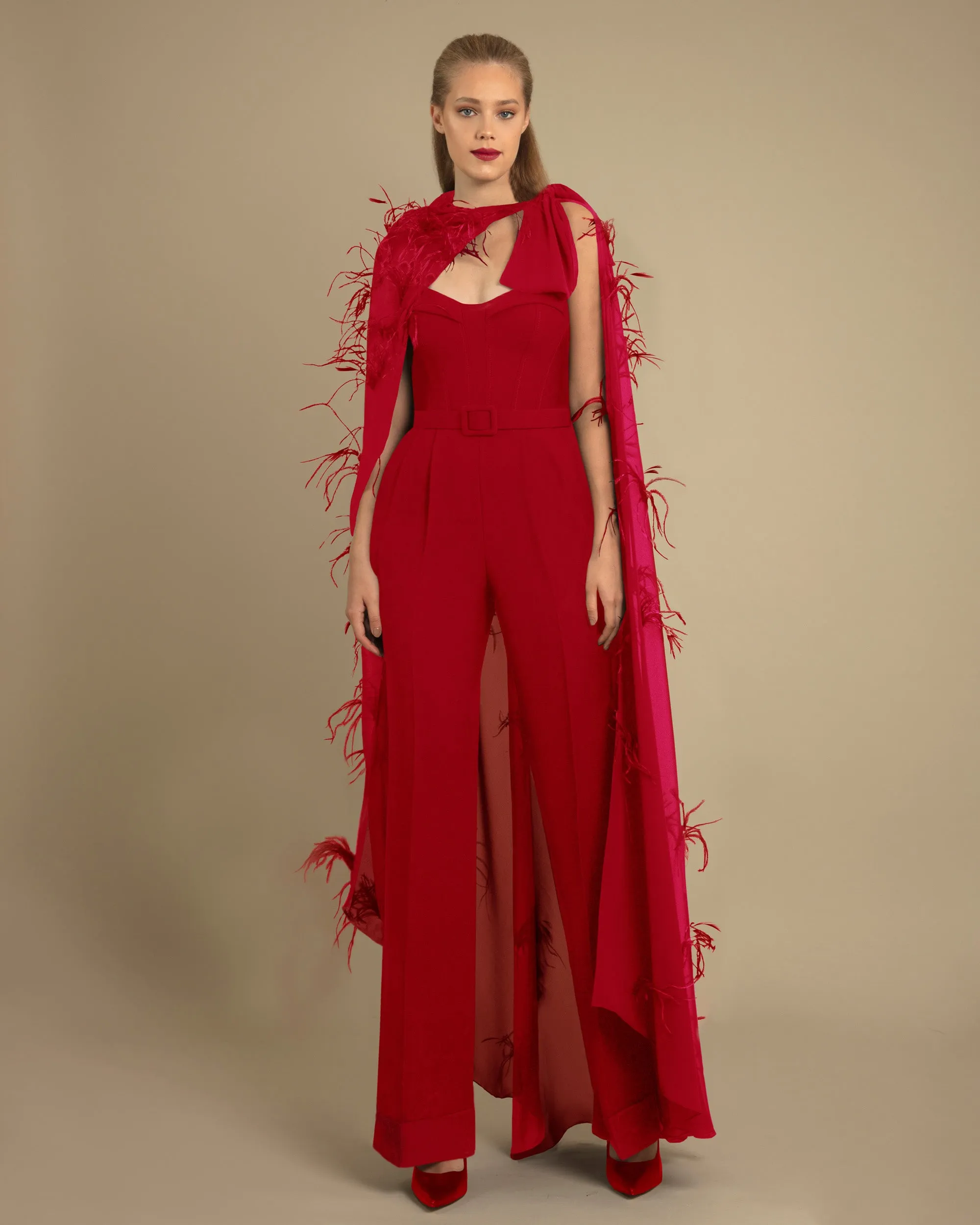 Strapless Cut Red Jumpsuit with Cape