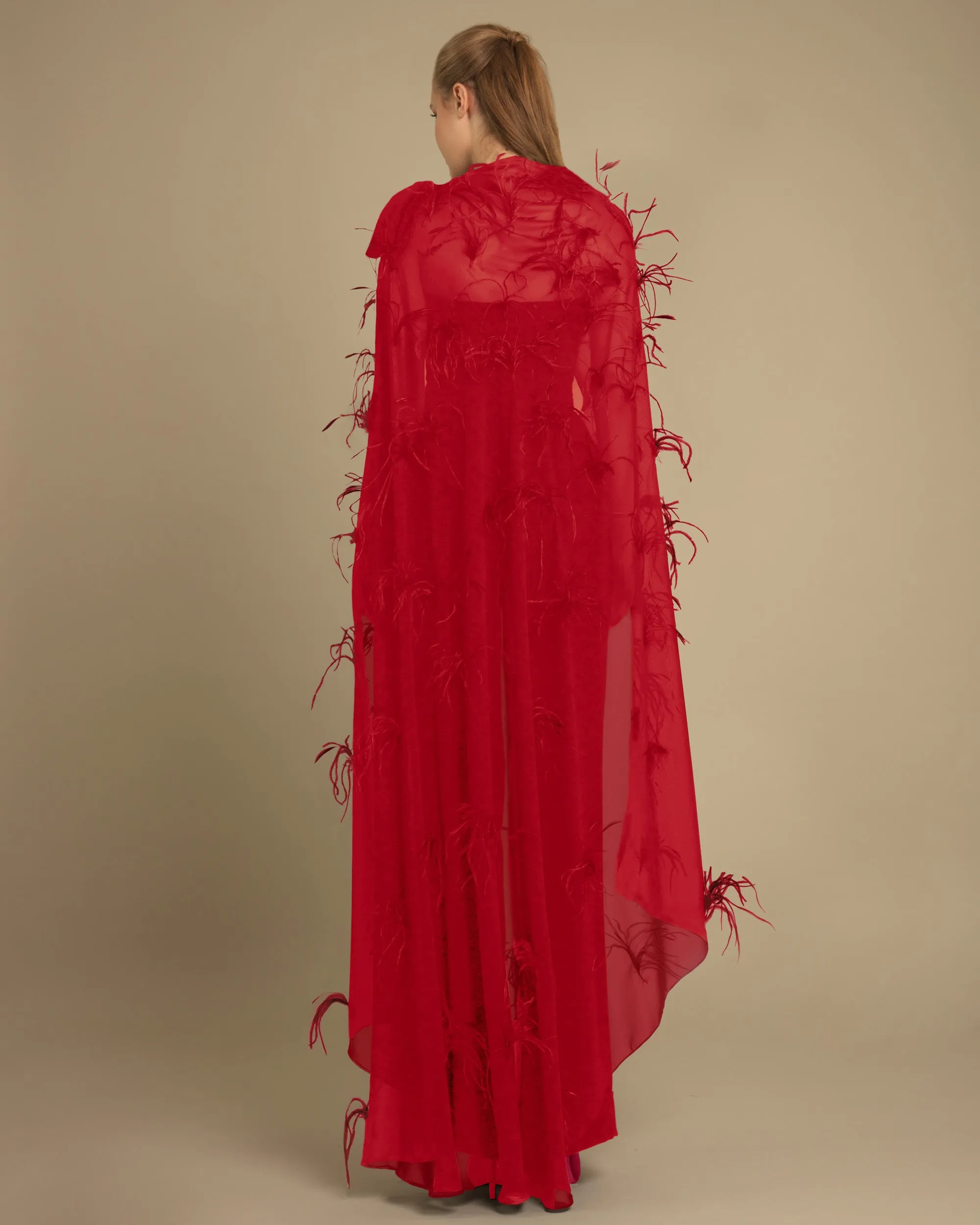 Strapless Cut Red Jumpsuit with Cape