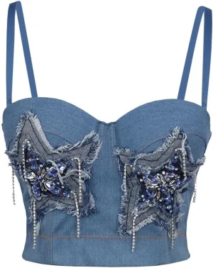 Stretch Denim Five-pointed Star Camisole for Women with Embroidery Camisole Hand Made Rhinestone Tanks Tops