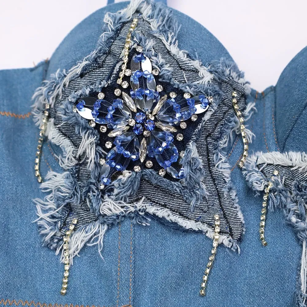 Stretch Denim Five-pointed Star Camisole for Women with Embroidery Camisole Hand Made Rhinestone Tanks Tops