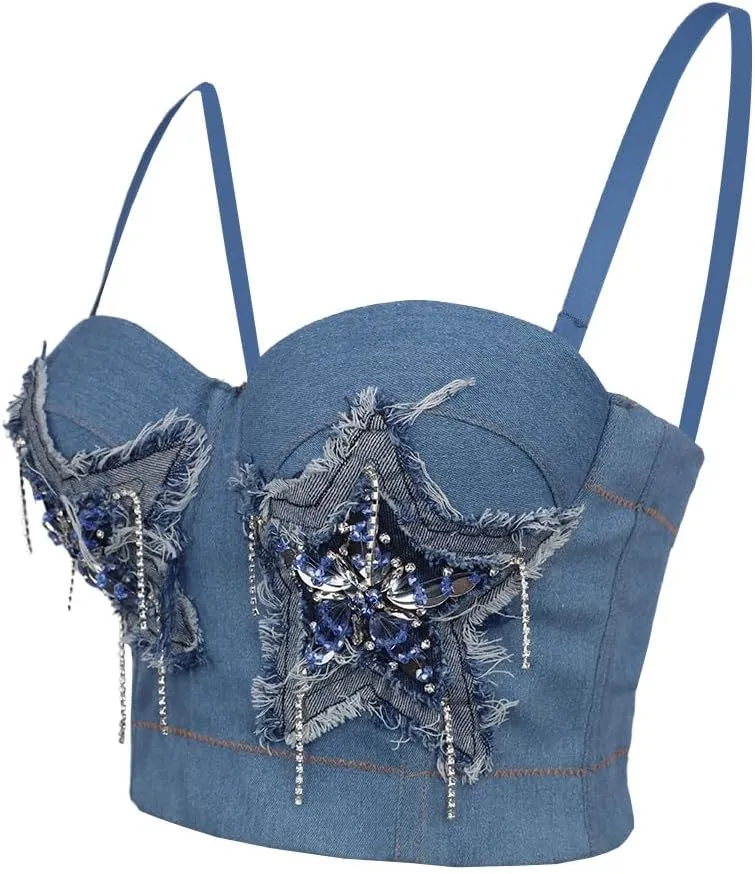Stretch Denim Five-pointed Star Camisole for Women with Embroidery Camisole Hand Made Rhinestone Tanks Tops