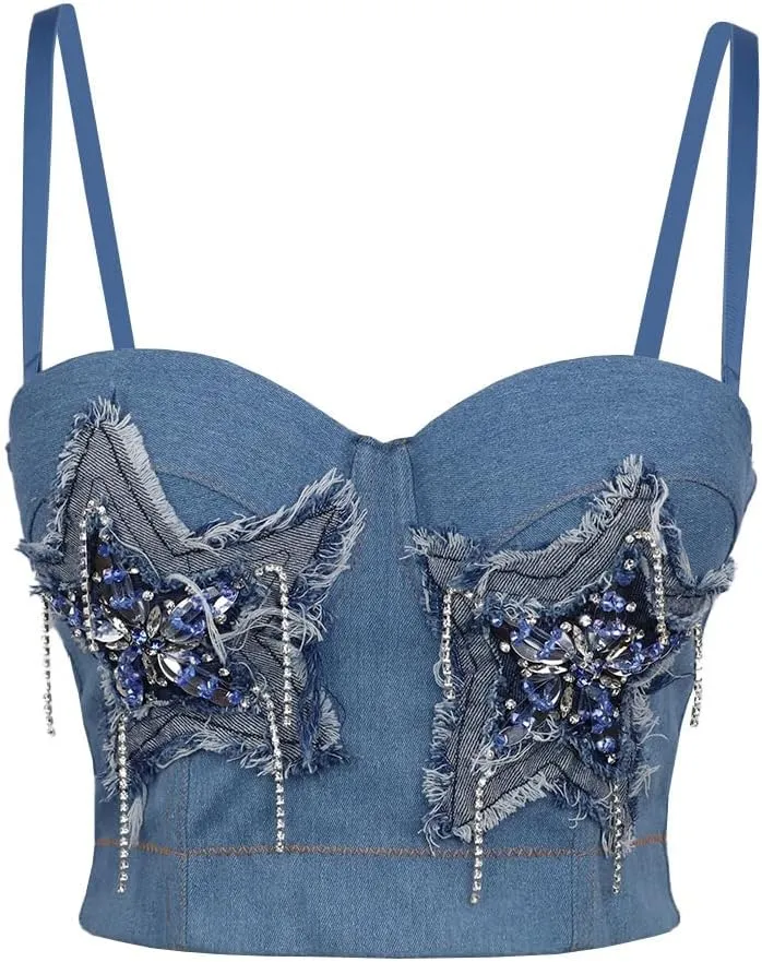 Stretch Denim Five-pointed Star Camisole for Women with Embroidery Camisole Hand Made Rhinestone Tanks Tops