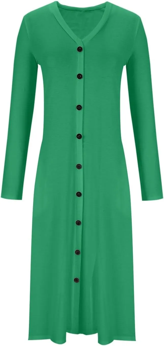 Summer Spring Dresses for Women 2024,Long Sleeve V Neck Casual Dress Loose Fit Solid Color Plus Size Button Midi Sundress