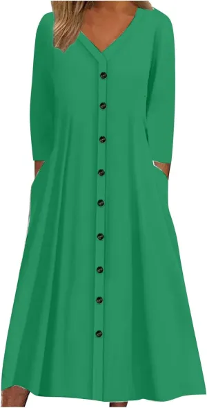 Summer Spring Dresses for Women 2024,Long Sleeve V Neck Casual Dress Loose Fit Solid Color Plus Size Button Midi Sundress