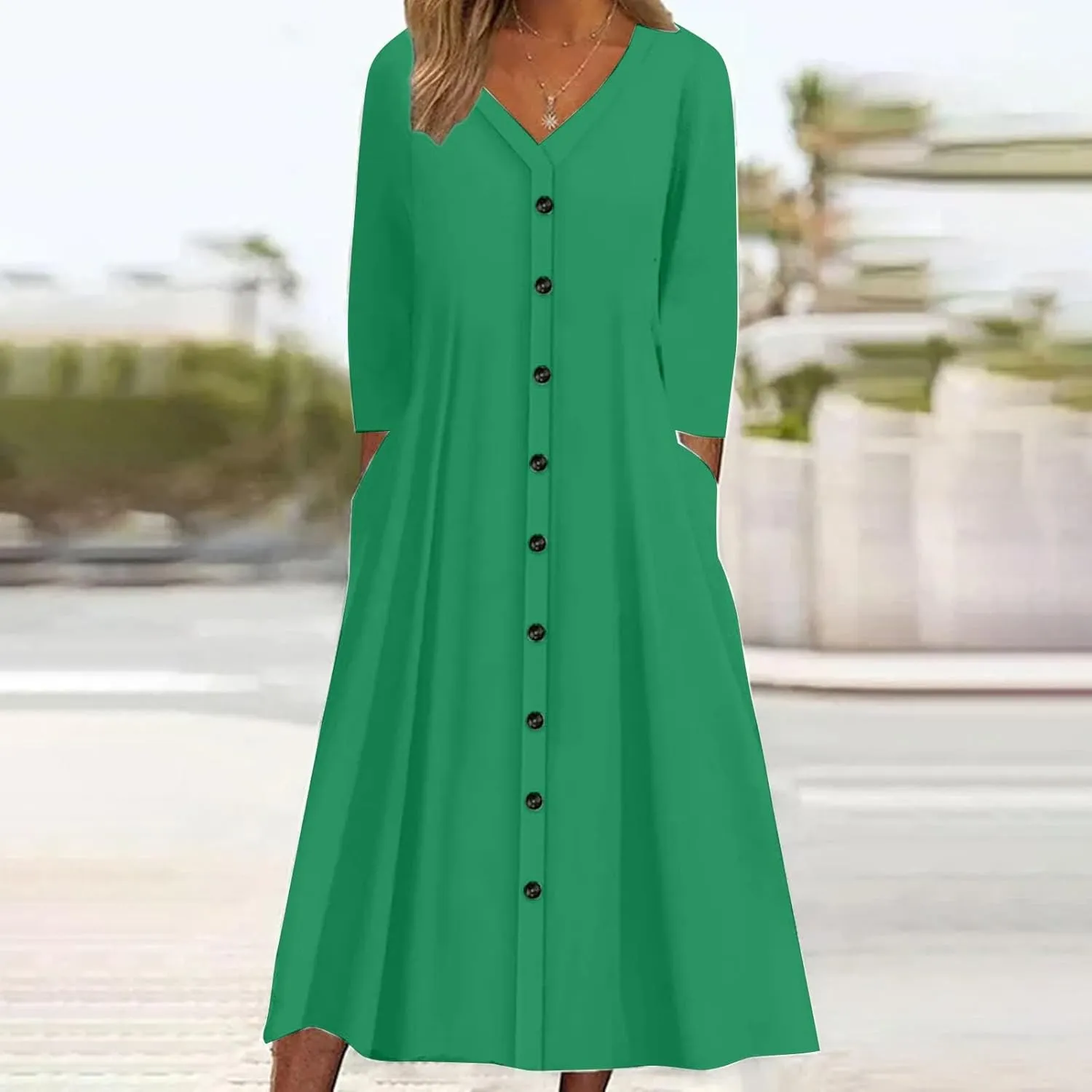 Summer Spring Dresses for Women 2024,Long Sleeve V Neck Casual Dress Loose Fit Solid Color Plus Size Button Midi Sundress