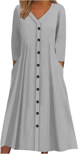 Summer Spring Dresses for Women 2024,Long Sleeve V Neck Casual Dress Loose Fit Solid Color Plus Size Button Midi Sundress