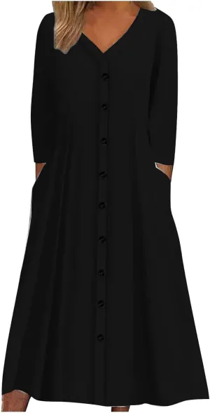 Summer Spring Dresses for Women 2024,Long Sleeve V Neck Casual Dress Loose Fit Solid Color Plus Size Button Midi Sundress