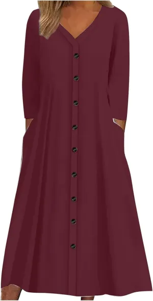 Summer Spring Dresses for Women 2024,Long Sleeve V Neck Casual Dress Loose Fit Solid Color Plus Size Button Midi Sundress