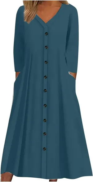 Summer Spring Dresses for Women 2024,Long Sleeve V Neck Casual Dress Loose Fit Solid Color Plus Size Button Midi Sundress