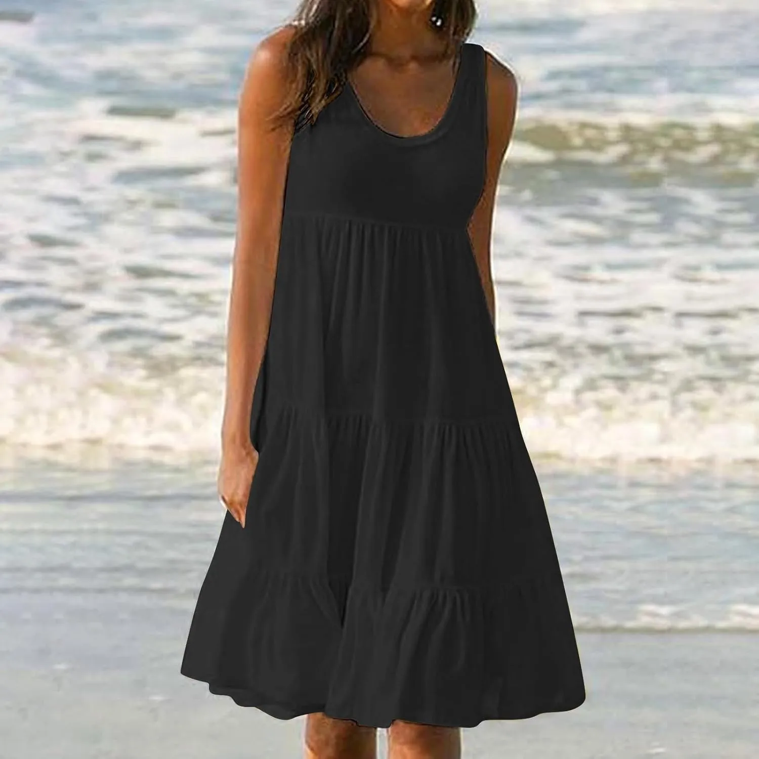 Sundresses for Women 2025 Sleeveless Cute Petite Mini Dress Tiered Summer Flowy Boho Sundress Beach Wear Spring Tank Dresses