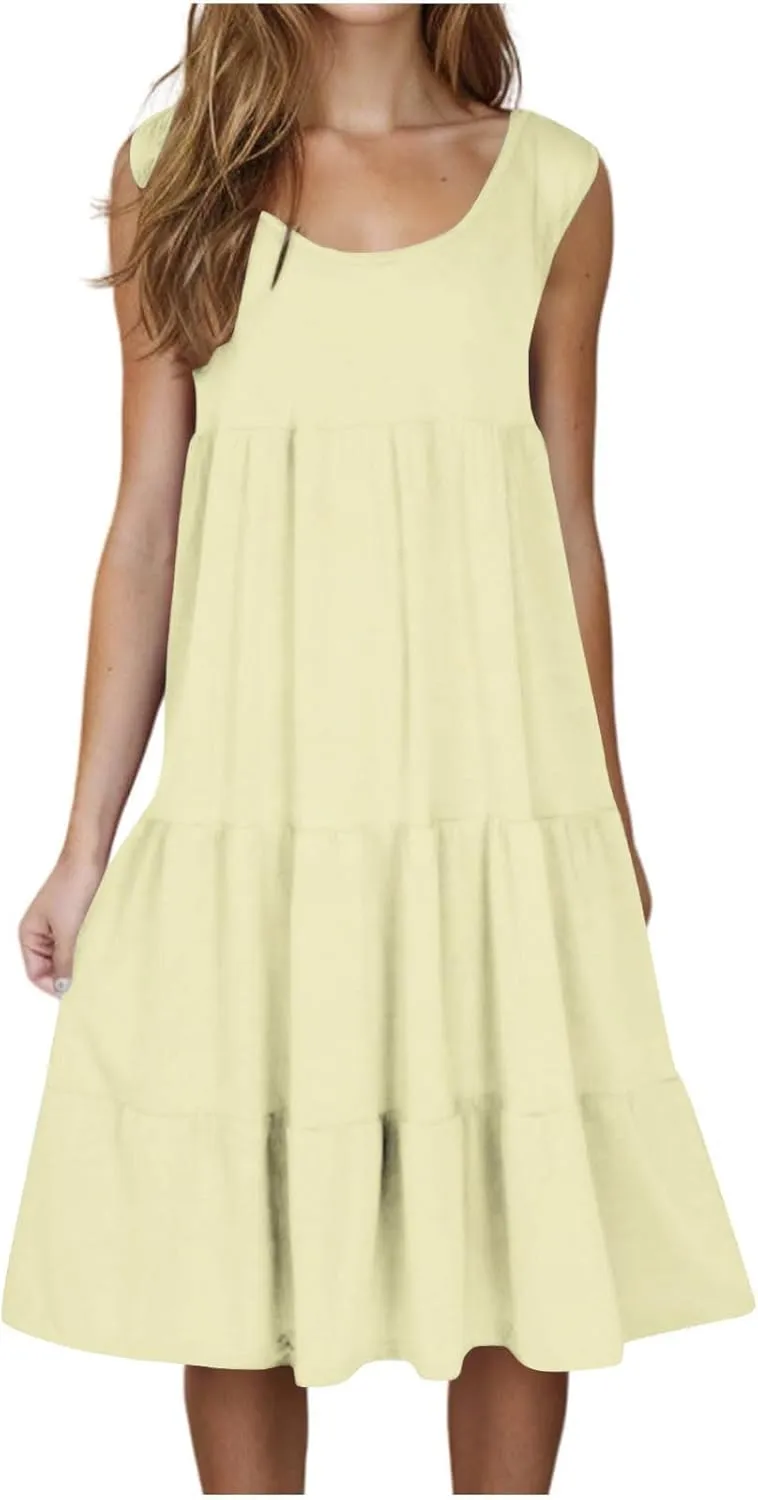 Sundresses for Women 2025 Sleeveless Cute Petite Mini Dress Tiered Summer Flowy Boho Sundress Beach Wear Spring Tank Dresses