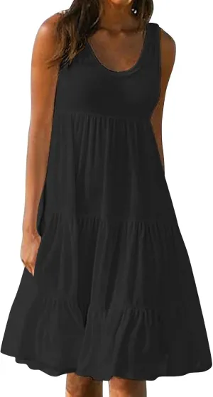 Sundresses for Women 2025 Sleeveless Cute Petite Mini Dress Tiered Summer Flowy Boho Sundress Beach Wear Spring Tank Dresses