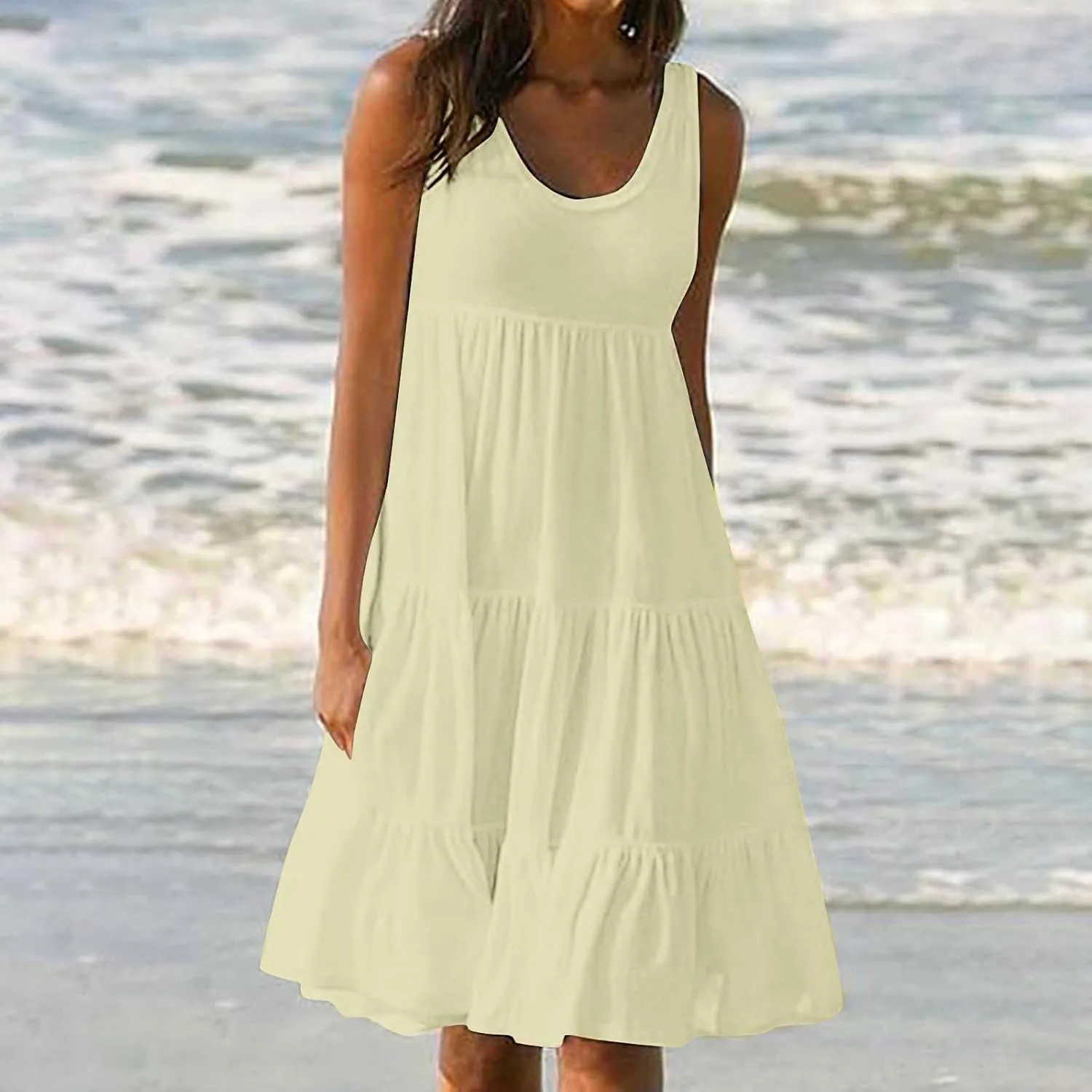 Sundresses for Women 2025 Sleeveless Cute Petite Mini Dress Tiered Summer Flowy Boho Sundress Beach Wear Spring Tank Dresses