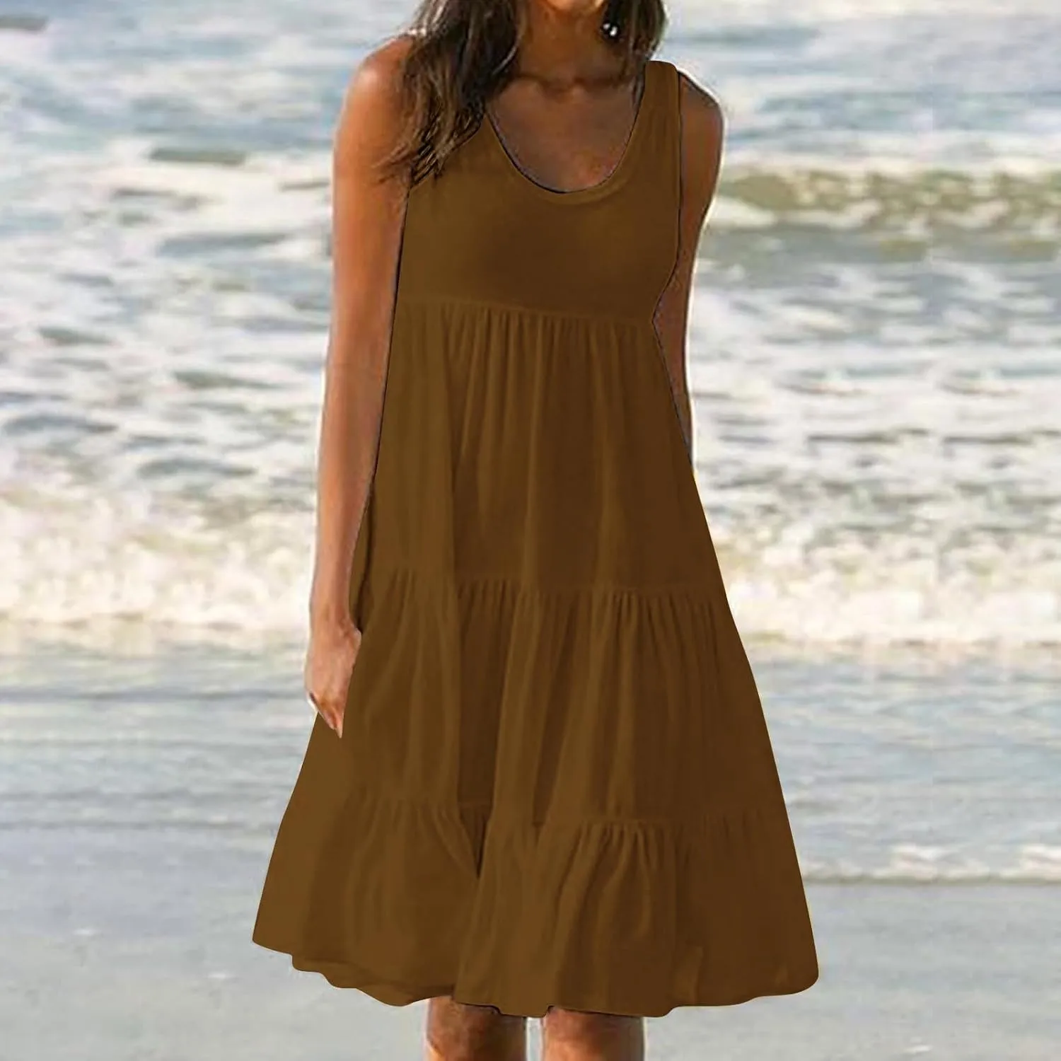 Sundresses for Women 2025 Sleeveless Cute Petite Mini Dress Tiered Summer Flowy Boho Sundress Beach Wear Spring Tank Dresses