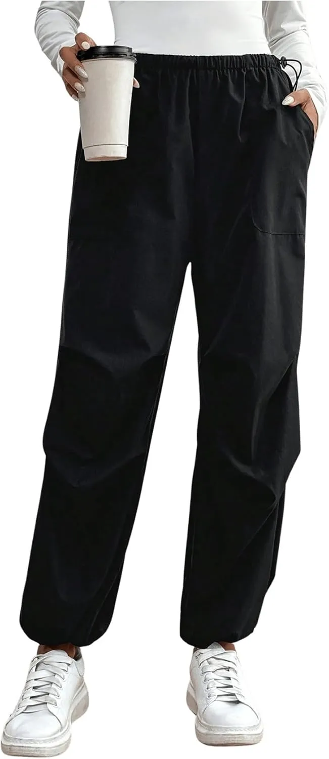 SweatyRocks Women's Casual Straight Leg Pants Drawstring Elastic High Waist Loose Comfy Trousers with Pockets