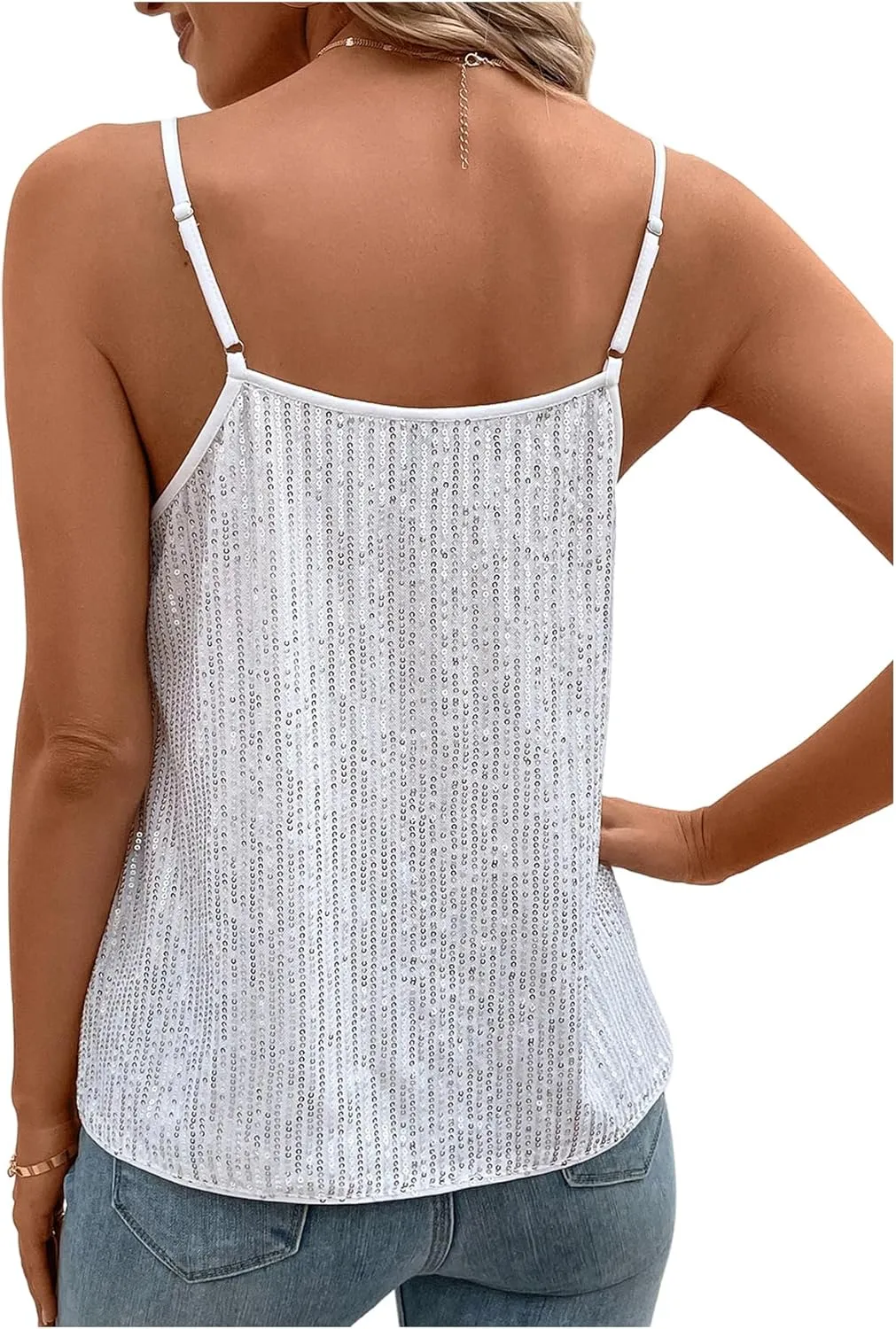 SweatyRocks Women's Summer Spaghetti Strap Chain Detail Camisoles Sequin Sparkle Party Club Tank Top
